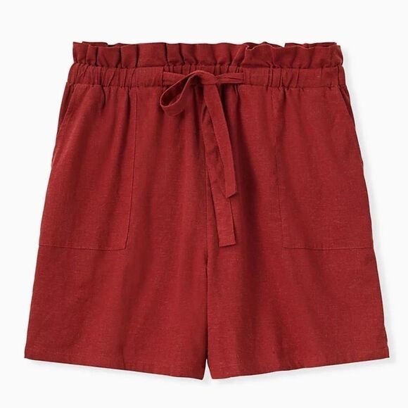 TORRID DRAWSTRING WAIST LINEN BRICK RED SHORTS - Picture 2 of 9